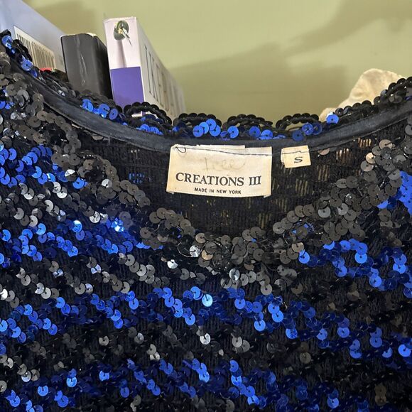 Creations III Sweater Glitter Black Blue Vintage Sparkle Small Sequins Fancy Yes - Picture 2 of 5